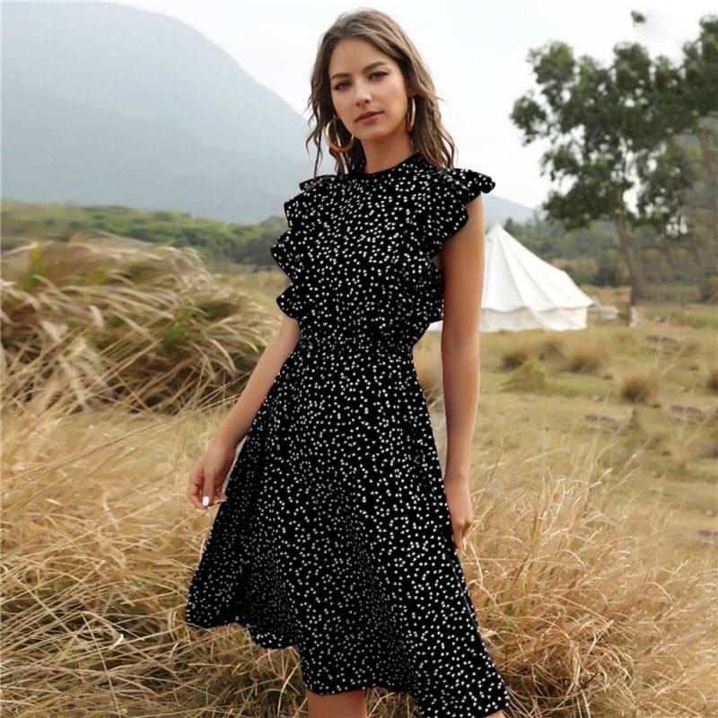 Women's Midi Dress - Sleeveless A-line - Ruffle Details & High Neck - Light and Elegant