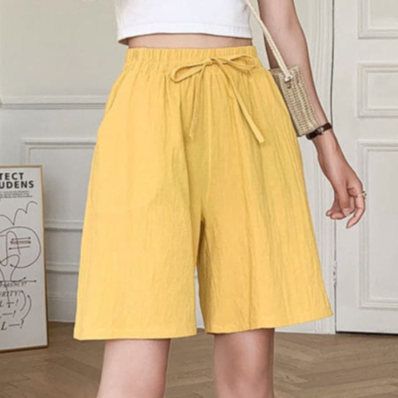Women's Shorts - High-Waisted - Elastic Waistband & Drawstring - Loose Fit - Knee-Length With Side Pockets