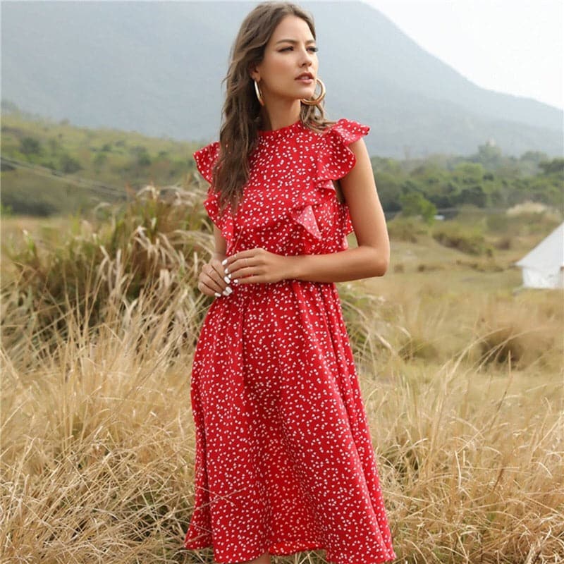 Women's Midi Dress - Sleeveless A-line - Ruffle Details & High Neck - Light and Elegant