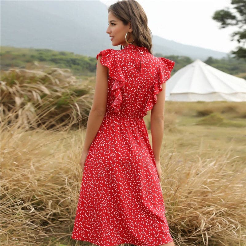 Women's Midi Dress - Sleeveless A-line - Ruffle Details & High Neck - Light and Elegant