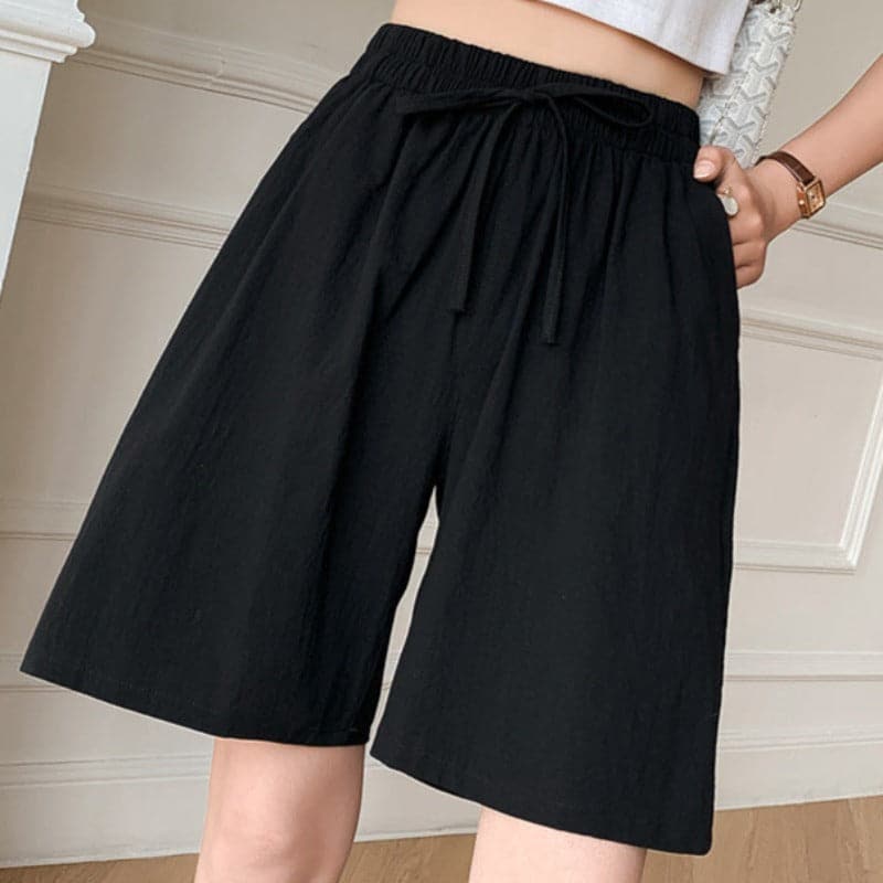 Women's Shorts - High-Waisted - Elastic Waistband & Drawstring - Loose Fit - Knee-Length With Side Pockets