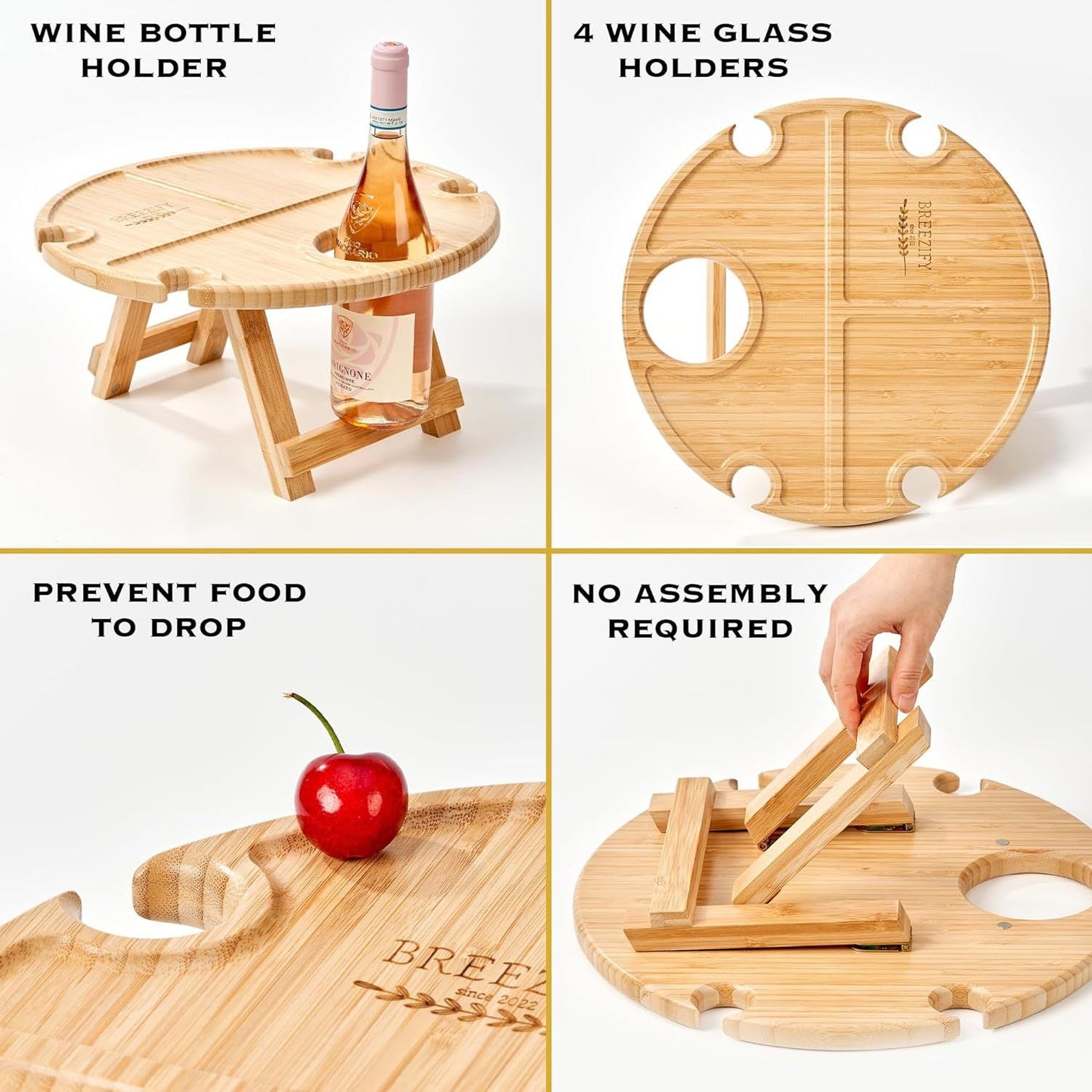 Oak Wood Foldable Table with Wine and Glass Slots