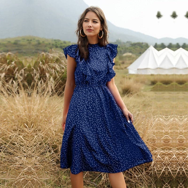 Women's Midi Dress - Sleeveless A-line - Ruffle Details & High Neck - Light and Elegant
