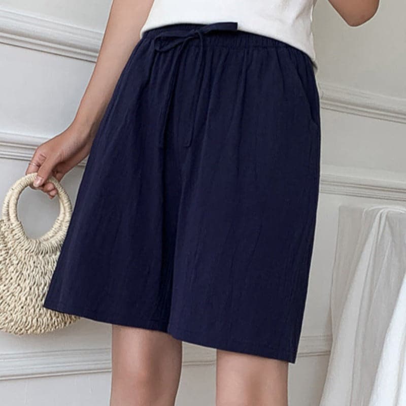 Women's Shorts - High-Waisted - Elastic Waistband & Drawstring - Loose Fit - Knee-Length With Side Pockets