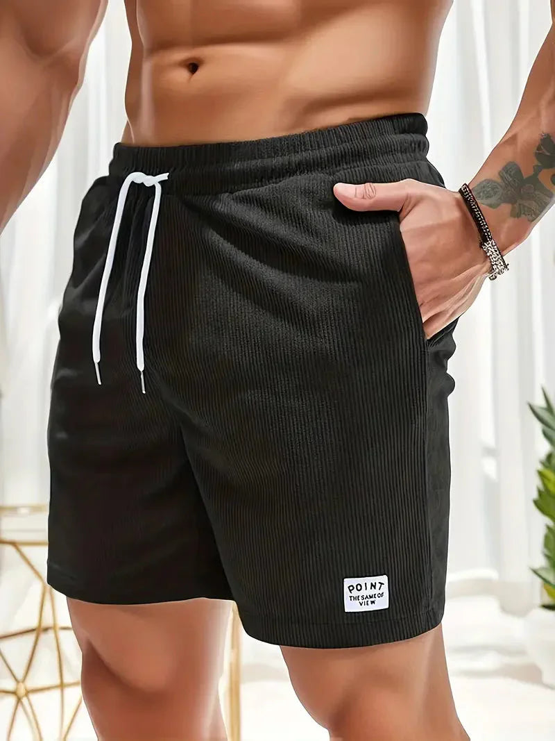 Men's Shorts - Ribbed Fabric - Relaxed Fit - Elastic Waist with Drawstring - Side Pockets