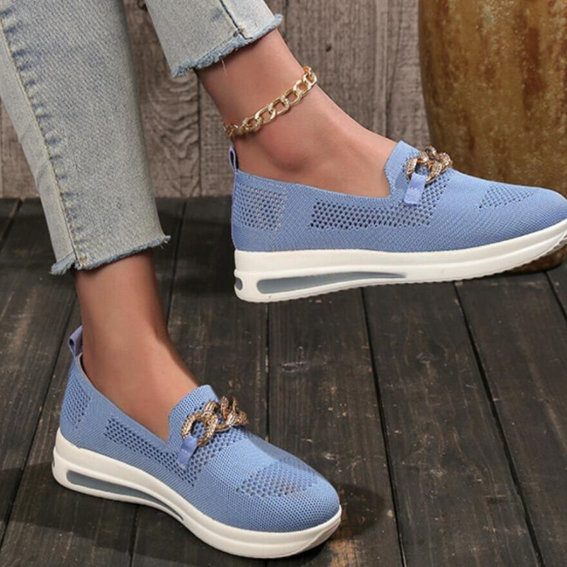 Women's Slip-on Sneakers - Breathable Knit - Comfortable Sole - Metal Chain Detail