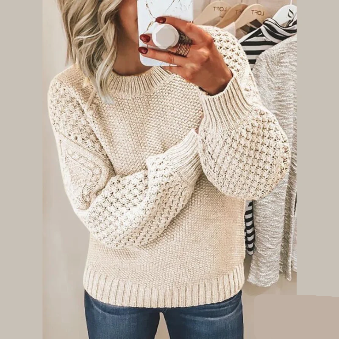 Women's Knit Sweater - Soft Knit - Relaxed Fit - Balloon Sleeves and Round Neck