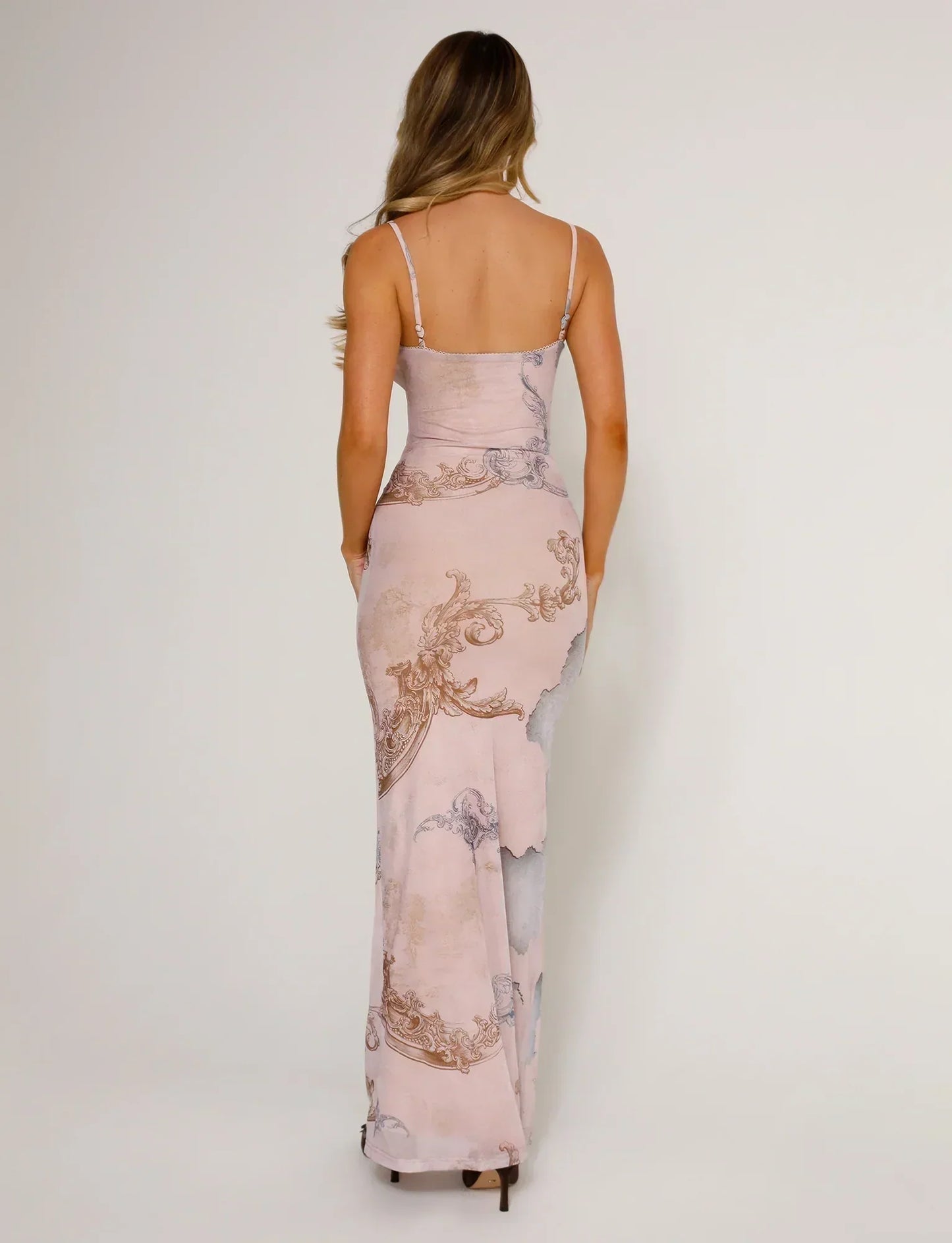 Dame Maxikjole – Figursyet Pasform – V-Hals – Tynde Stropper – Blonder med Blomster