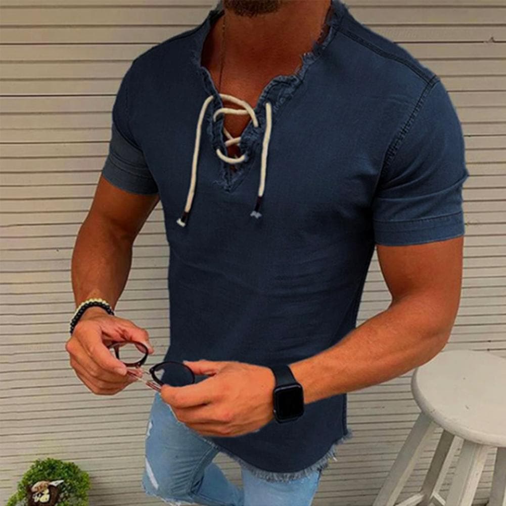 Men's T-shirt - Light Denim Look - Lace-up V-neck - Slim Fit - Casual Style