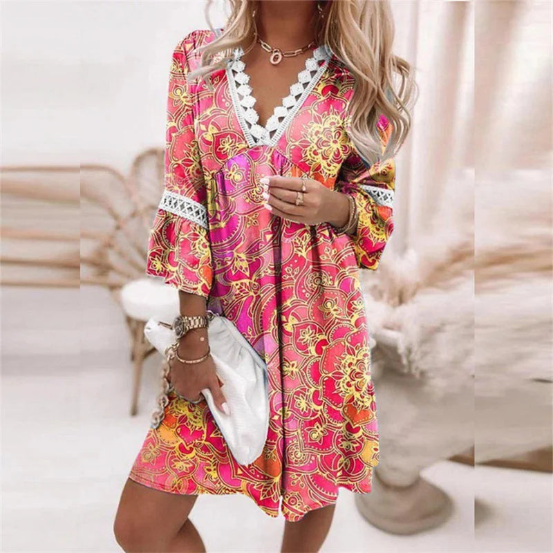 Women's Dress – Relaxed Fit – V-Neck with Lace Details – Floral Pattern – Breathable Fabric