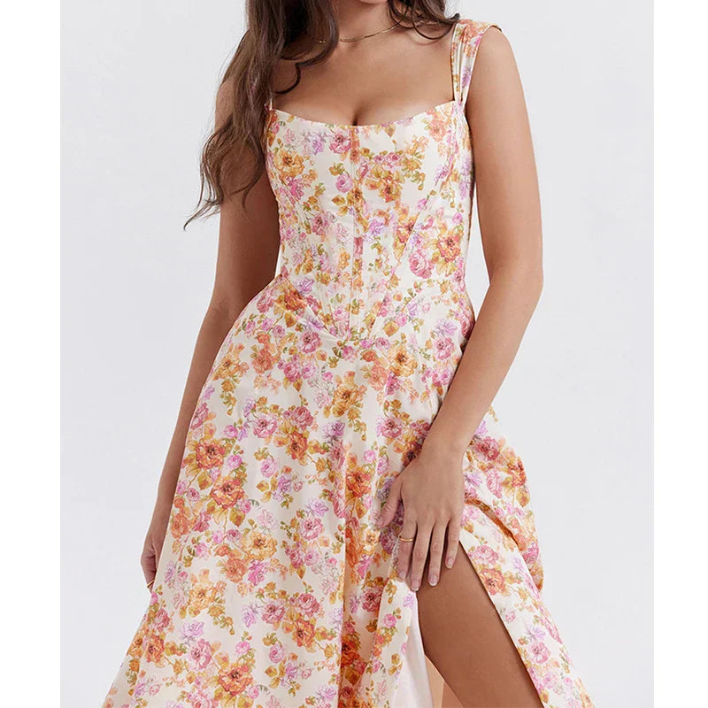 Dame Midi Kjole – Korsetliv – Brede Stropper – Blomsterprint – Slids – Let Stof