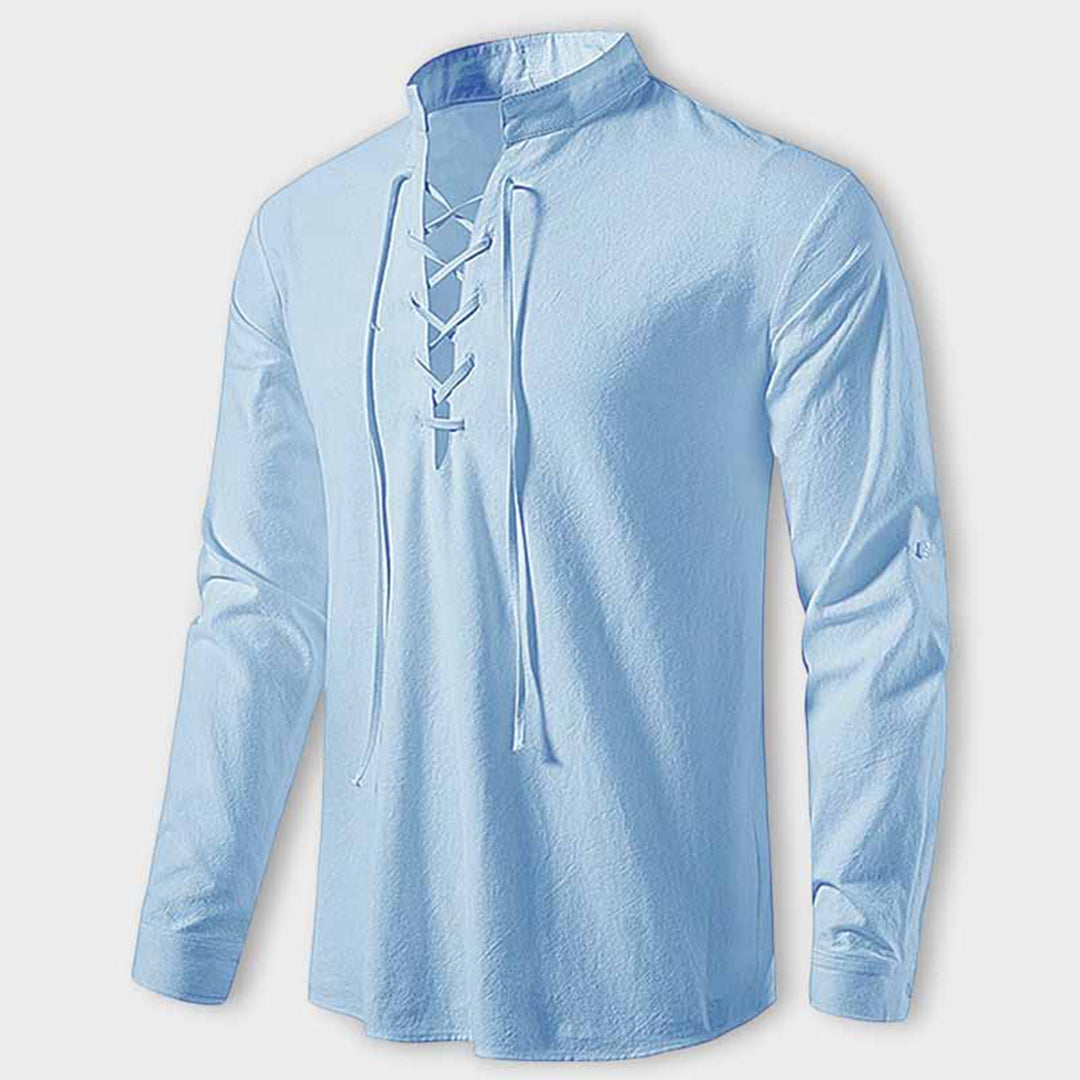 Men's Shirt - Long Sleeve with Lace Closure - Bohemian Style - Breathable Cotton/Linen