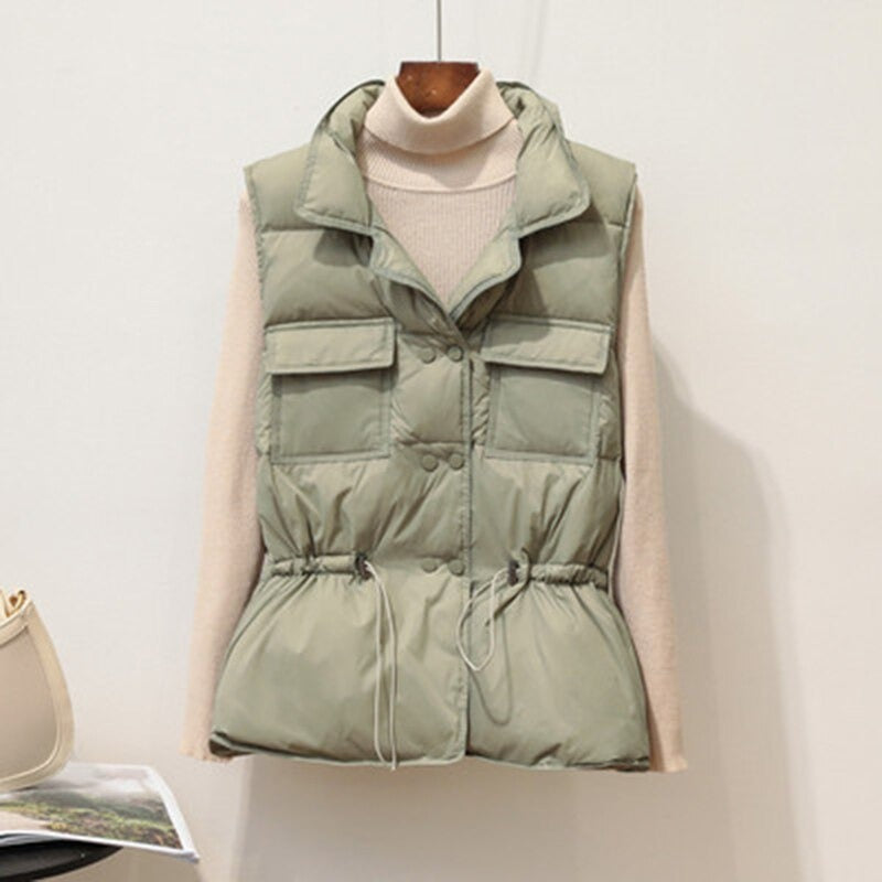 Women’s Vest - Quilted - Standing Collar - Drawstring Waist