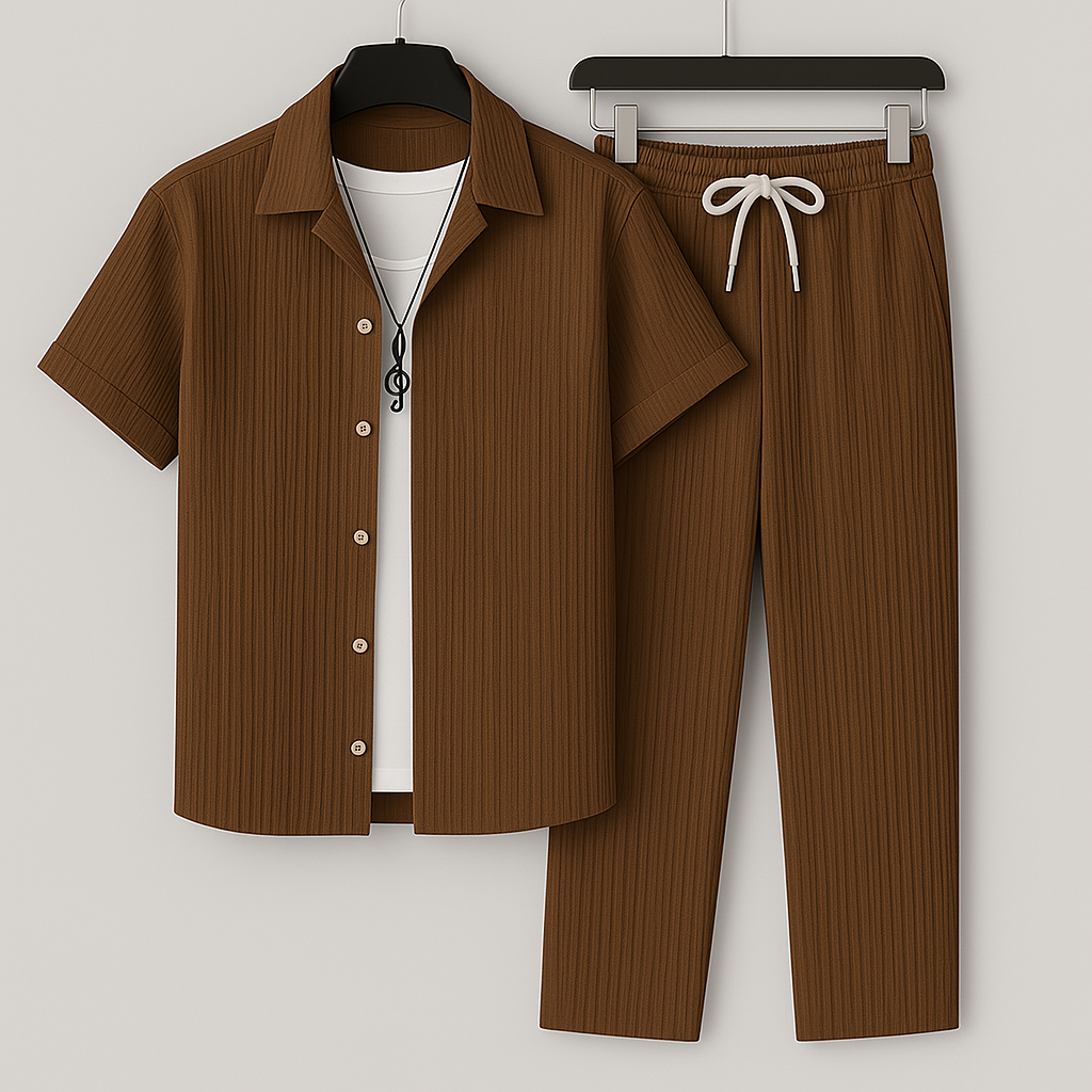 Men's Set – Relaxed Fit – Short-Sleeved Shirt – Drawstring Pants – Breathable Design