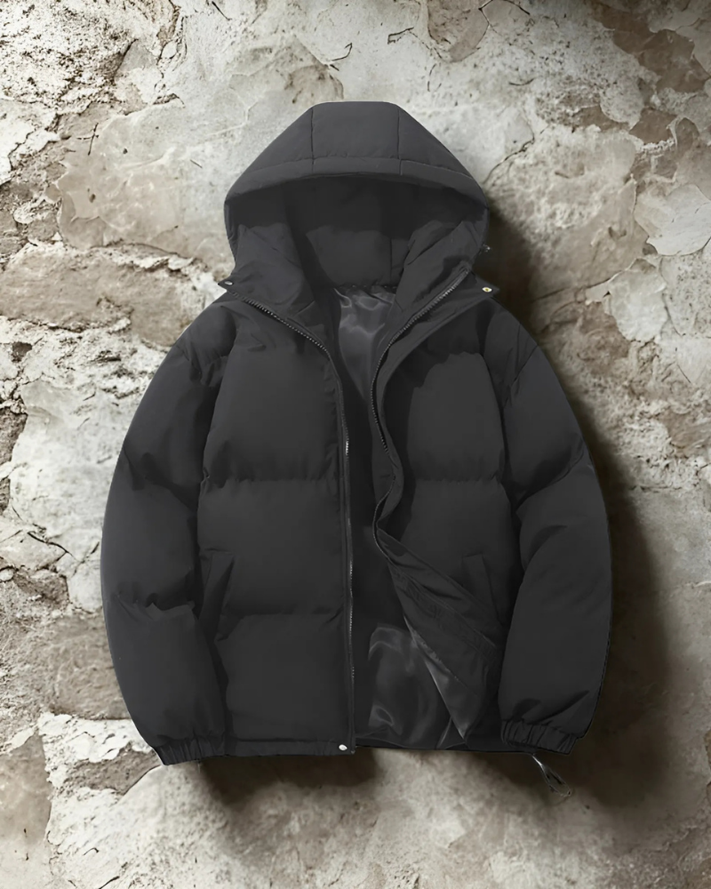 Men’s Puffer Coat - Insulated - Hip Length - Attached Hood - Elasticated Hem