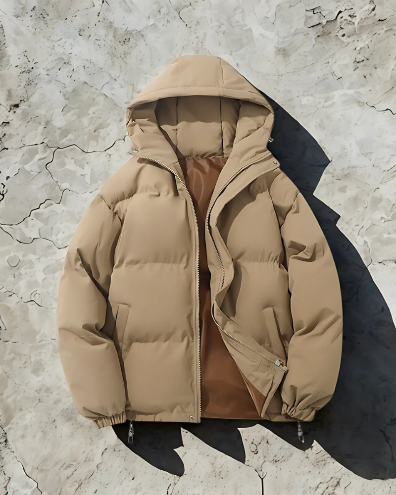 Men’s Puffer Coat - Insulated - Hip Length - Attached Hood - Elasticated Hem