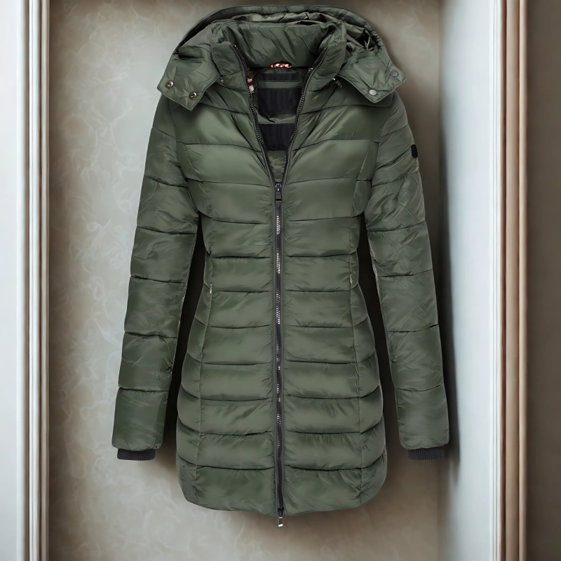 Women’s Puffer Coat - Synthetic - Slim Fit - Mid-Length - Hooded - Ribbed Cuffs
