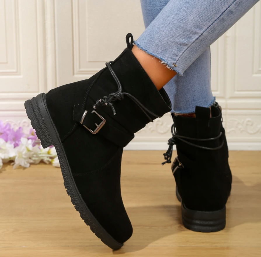 Women's Ankle Boots - Suede Look - Round Toe - Low Heel - Decorative Buckle - Zipper
