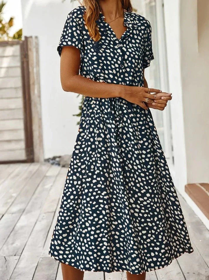 Women's Midi Dress – Relaxed Fit – Button Closure – Short Sleeve – Breathable Fabric – Defined Waist