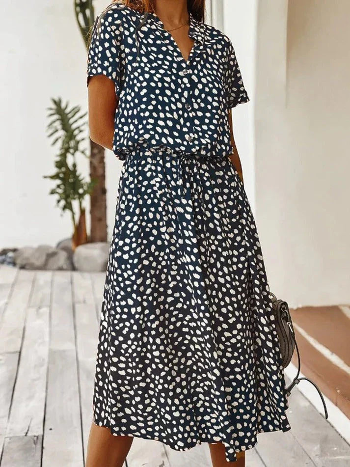 Women's Midi Dress – Relaxed Fit – Button Closure – Short Sleeve – Breathable Fabric – Defined Waist