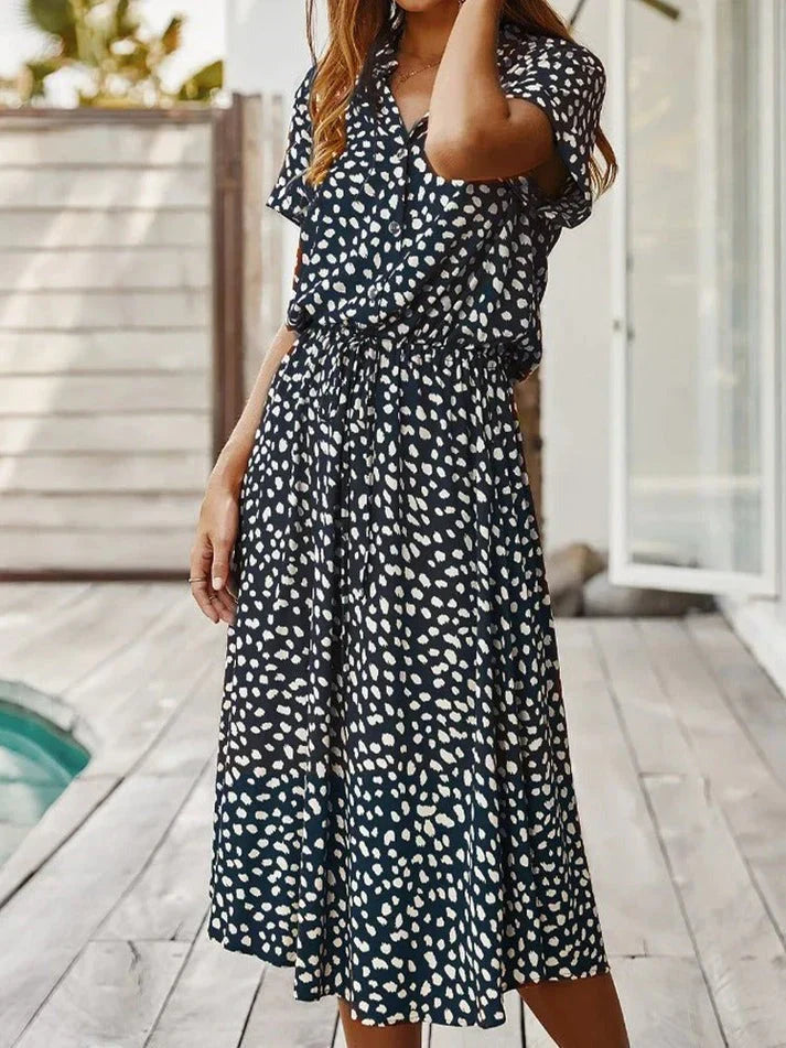 Women's Midi Dress – Relaxed Fit – Button Closure – Short Sleeve – Breathable Fabric – Defined Waist