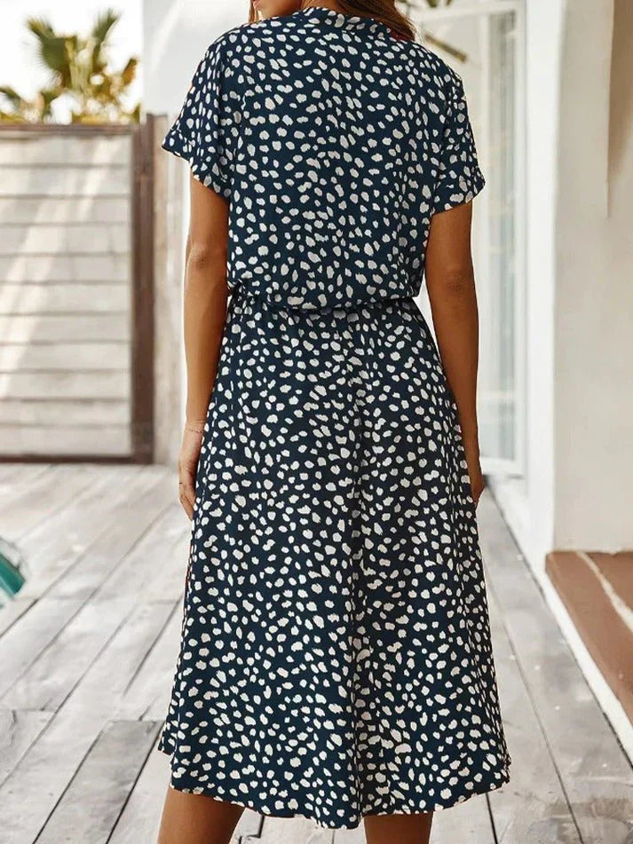 Women's Midi Dress – Relaxed Fit – Button Closure – Short Sleeve – Breathable Fabric – Defined Waist