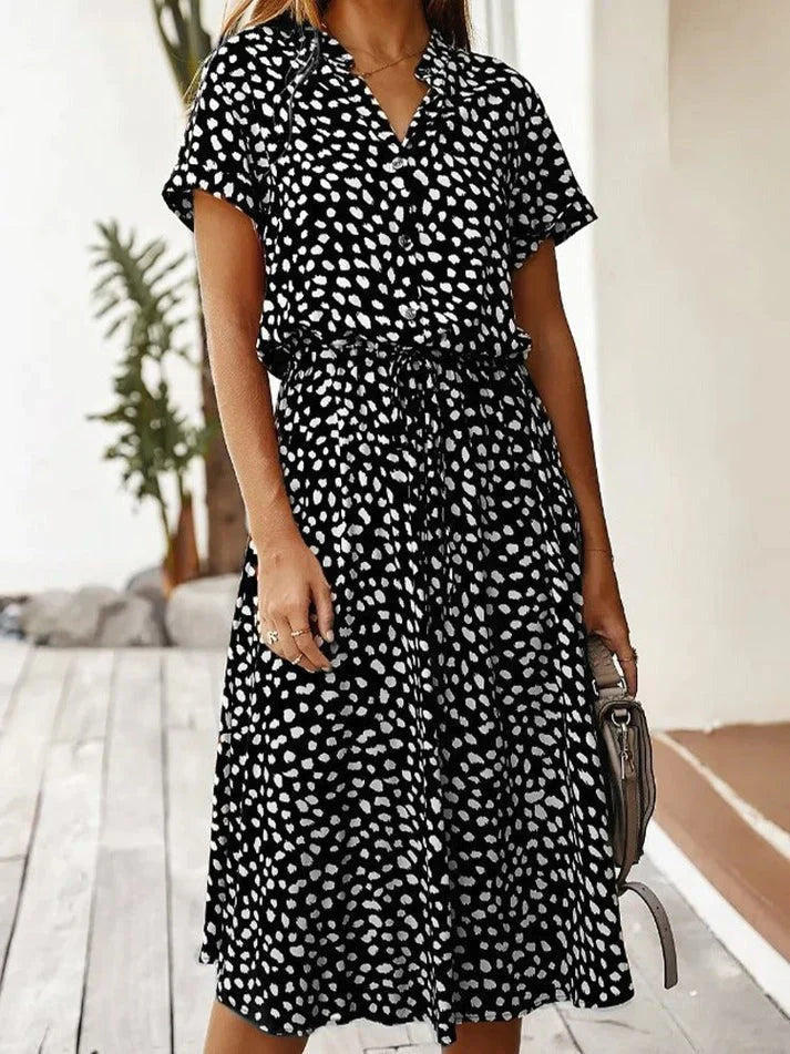 Women's Midi Dress – Relaxed Fit – Button Closure – Short Sleeve – Breathable Fabric – Defined Waist
