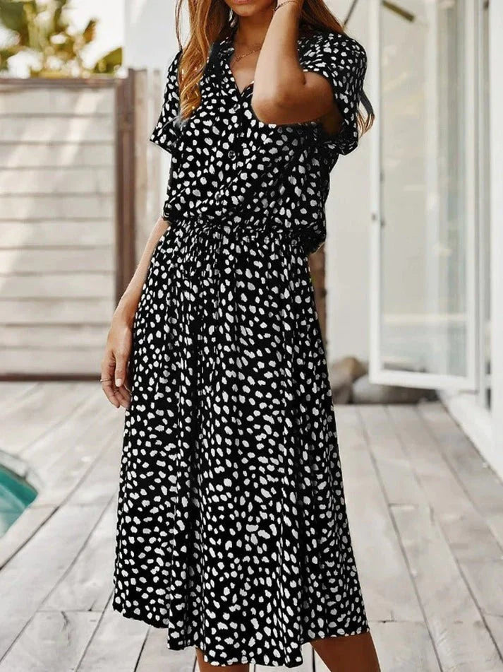 Women's Midi Dress – Relaxed Fit – Button Closure – Short Sleeve – Breathable Fabric – Defined Waist