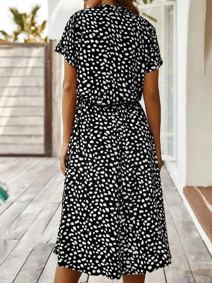 Women's Midi Dress – Relaxed Fit – Button Closure – Short Sleeve – Breathable Fabric – Defined Waist
