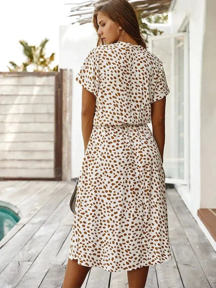 Women's Midi Dress – Relaxed Fit – Button Closure – Short Sleeve – Breathable Fabric – Defined Waist