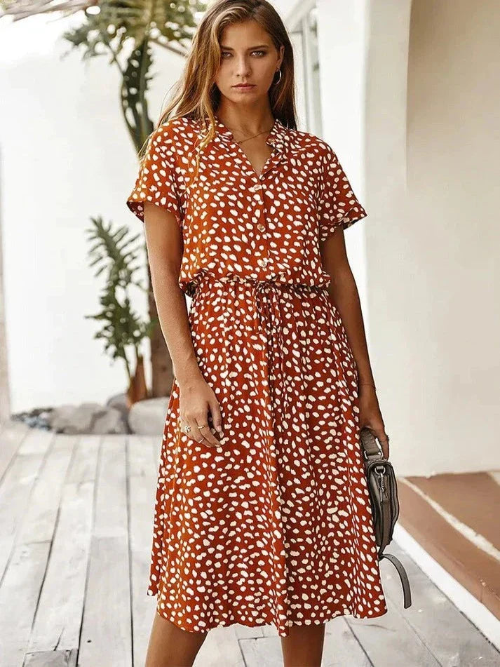 Women's Midi Dress – Relaxed Fit – Button Closure – Short Sleeve – Breathable Fabric – Defined Waist