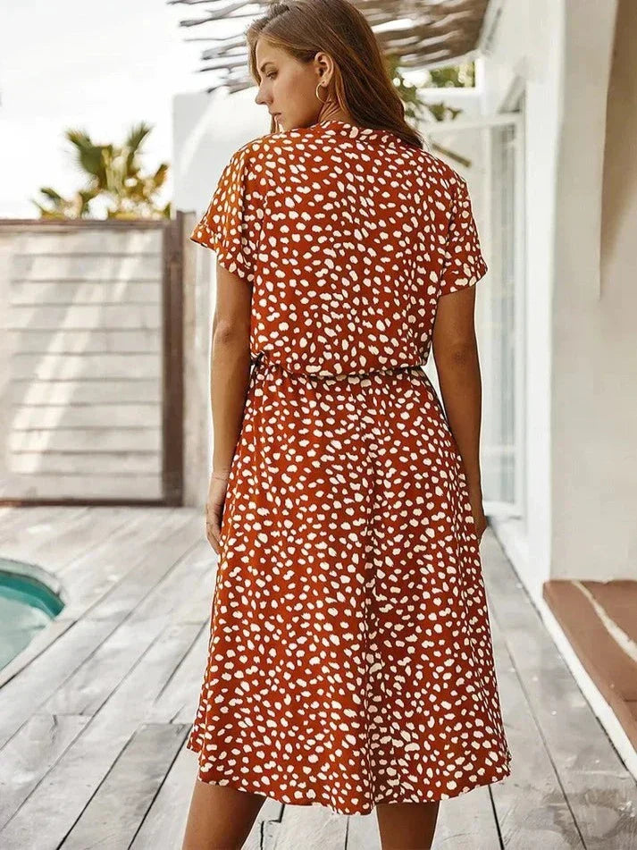 Women's Midi Dress – Relaxed Fit – Button Closure – Short Sleeve – Breathable Fabric – Defined Waist