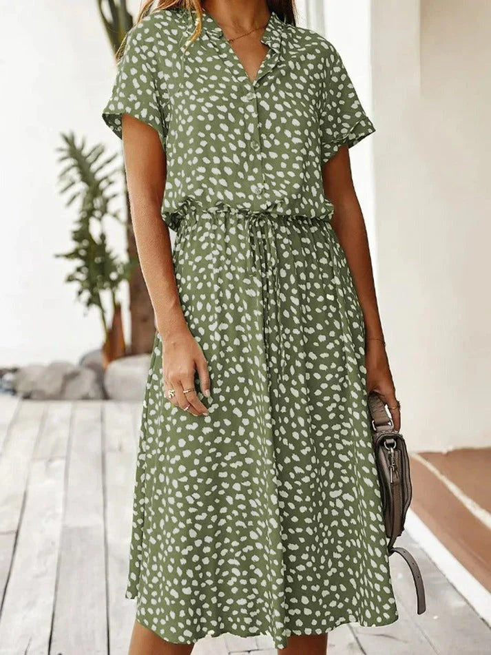 Women's Midi Dress – Relaxed Fit – Button Closure – Short Sleeve – Breathable Fabric – Defined Waist
