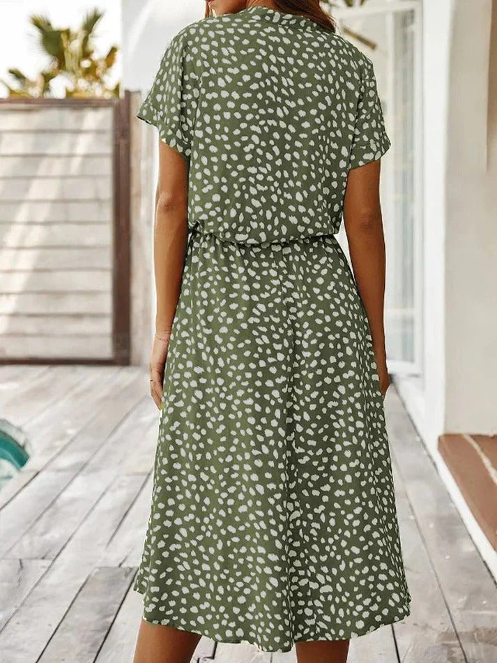 Women's Midi Dress – Relaxed Fit – Button Closure – Short Sleeve – Breathable Fabric – Defined Waist