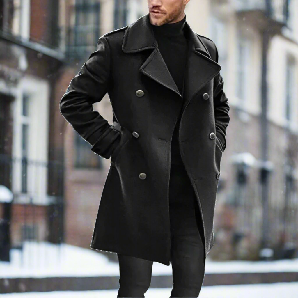 Men's Coat - Double-Breasted Wool Blend - Slim Fit - Knee Length with Notch Lapel