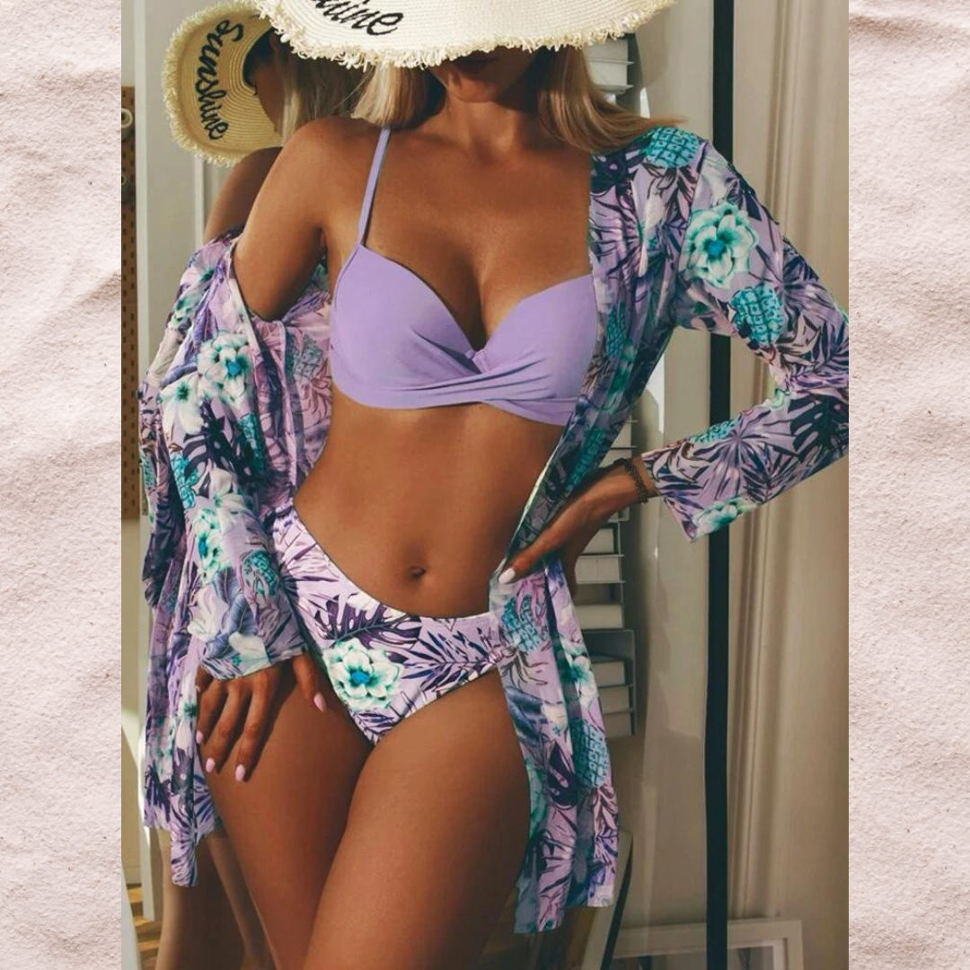 Women's Bikini Set – Tight Fit – Ruched Top – Adjustable Straps – Floral Bottom