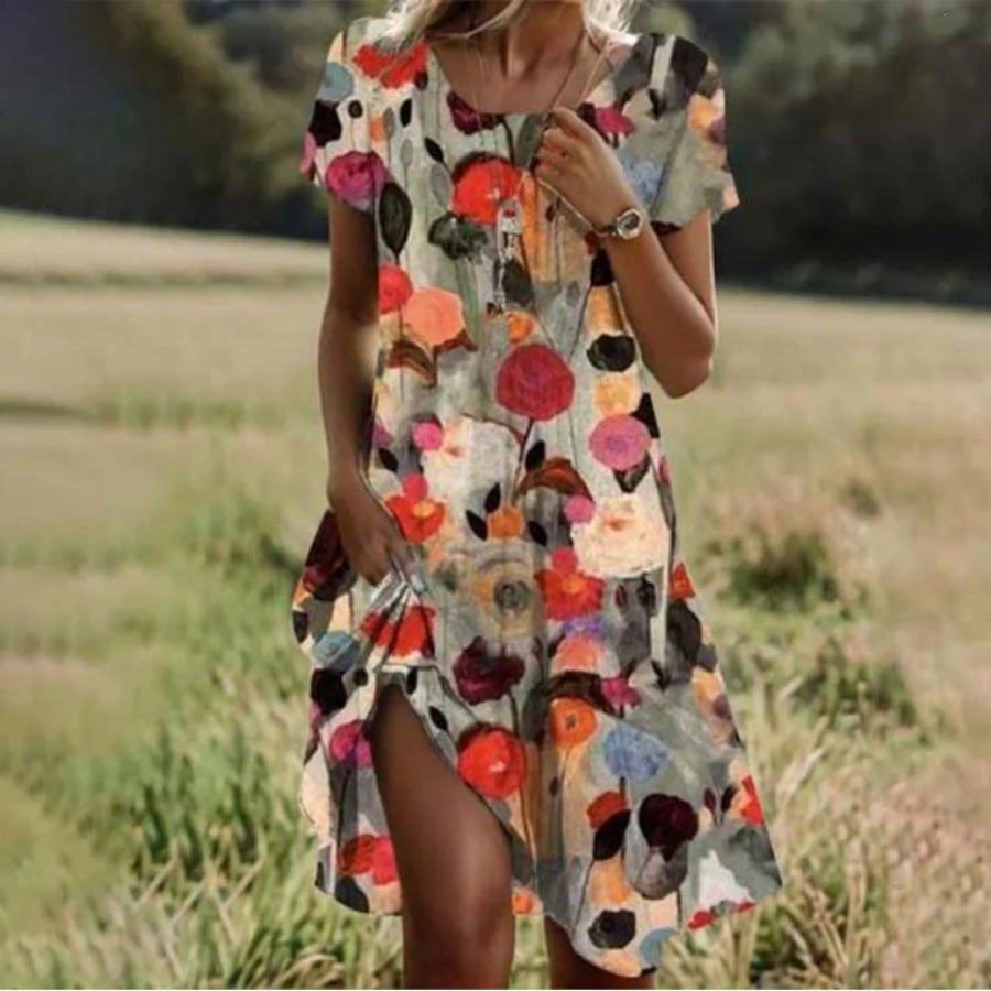 Dress for Women – Relaxed Fit – Short Sleeve – Round Neck – Floral Print – Knee Length – Breathable Quality