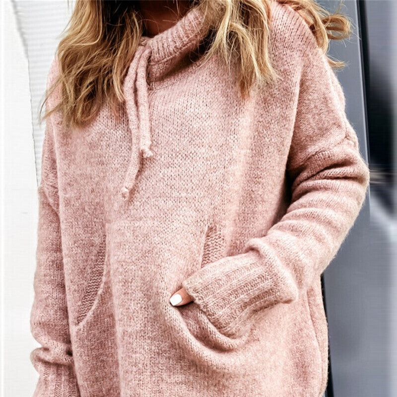 Women's Hoodie Pullover – Oversized Fit – Knit Structure – Drawstring Collar – Kangaroo Pocket