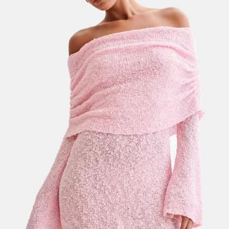 Dame Strandkjole – Strik – Slim Fit – Off Shoulder – Semi Transparent – Lange Ærmer