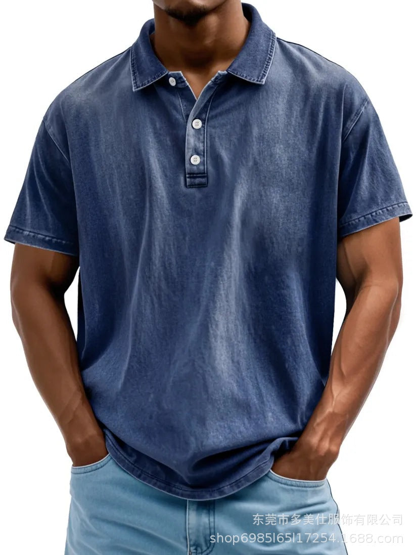Herre Poloshirt – Bomuld – Afslappet Pasform – Vasket Retro Stil – Kort Ærme
