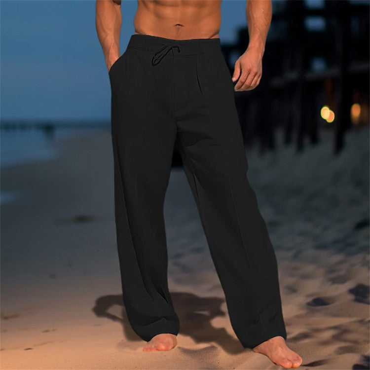 Men's Trousers – Relaxed Fit – 100% Linen – Drawstring Closure – Full Length