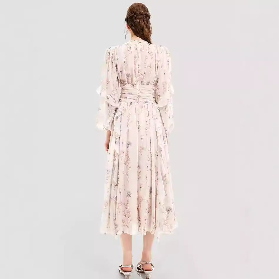 Dame Kjole – Chiffon Aftenkjole – Lange Ærmer – Flæsedetaljer – Printet Maxi