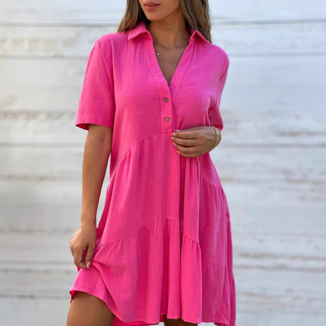 Women's Swing Dress – Natural Fibers – Relaxed Fit – Short Sleeve – Button Closure
