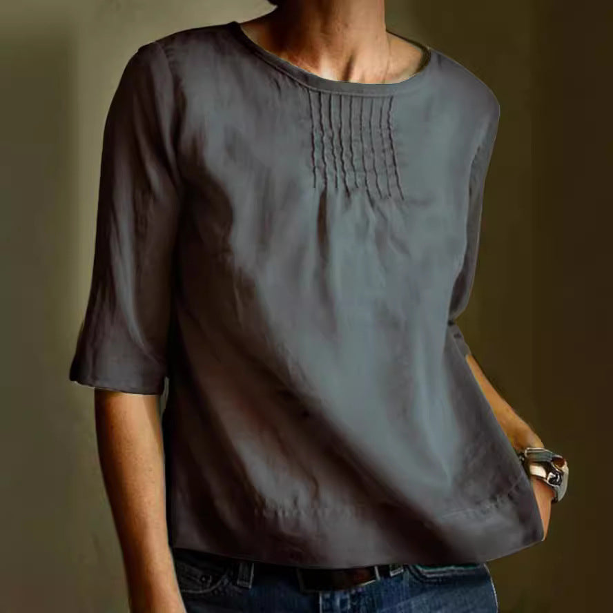 Damebluse – Bomuld Hør Mix – Løs Pasform – 3/4 Ærmer – Plisseret Front