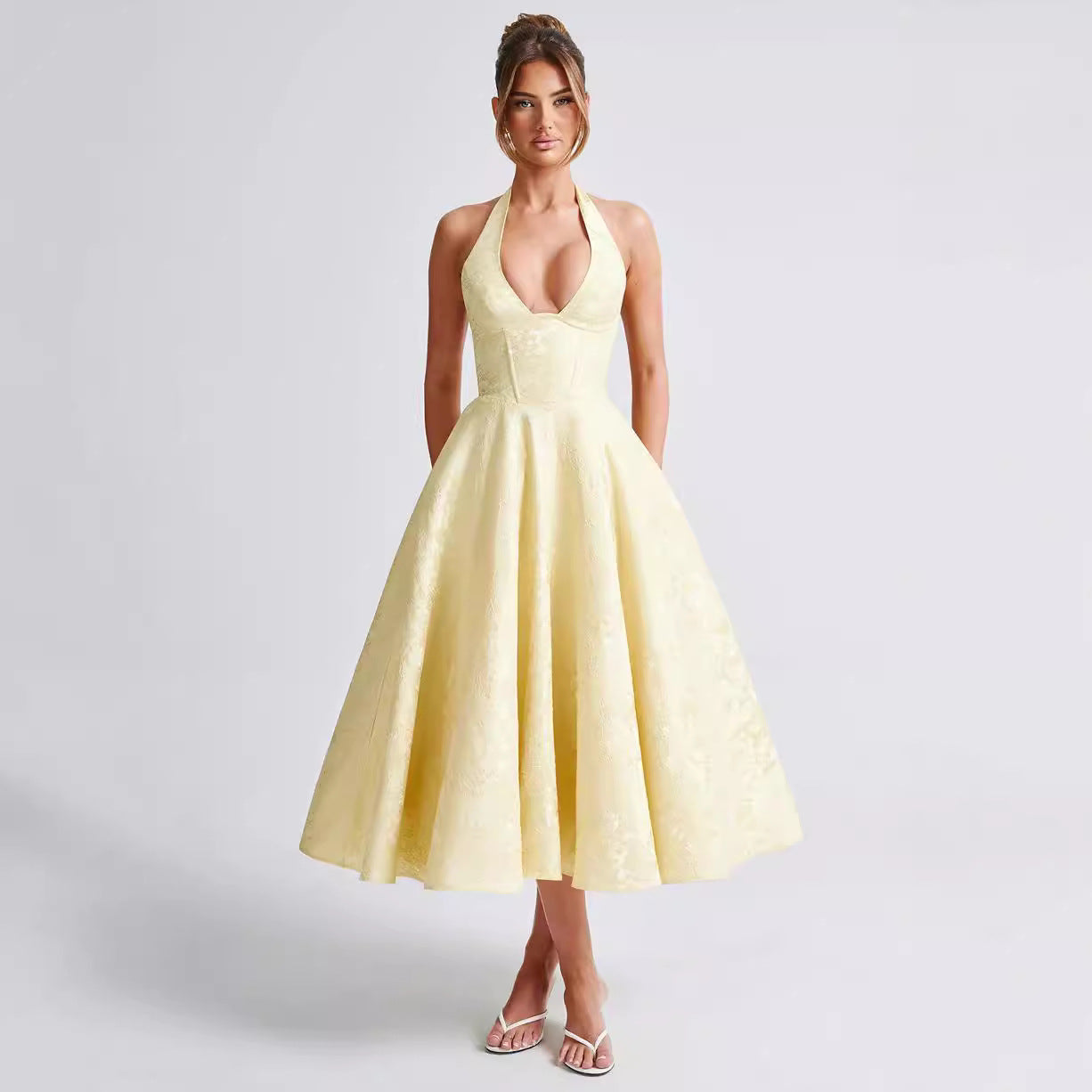 Dress for Women – Ruffle Maxi Dress – Jacquard – V-Neck – Halterneck – Tie Detail