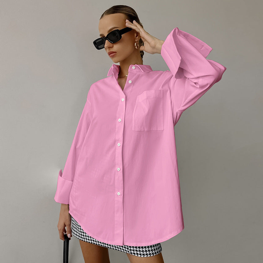 Dame Skjorte – Oversize Pasform – Bomuldsblanding – Lange Ærmer – Knaplukning