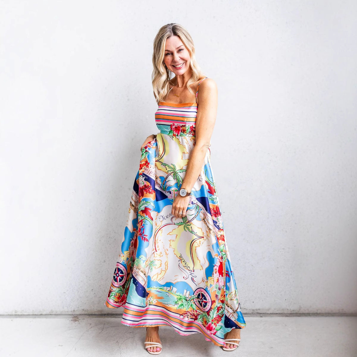 Dame Sundress – A-line Pasform – Let Bomuldsblanding – Spaghetti Stropper – Fuld Længde
