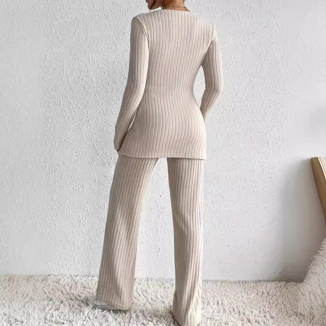 Dame Sæt i Ribstrikket Materiale – Omslagsbluse med Lange Ærmer – Løse Bukser