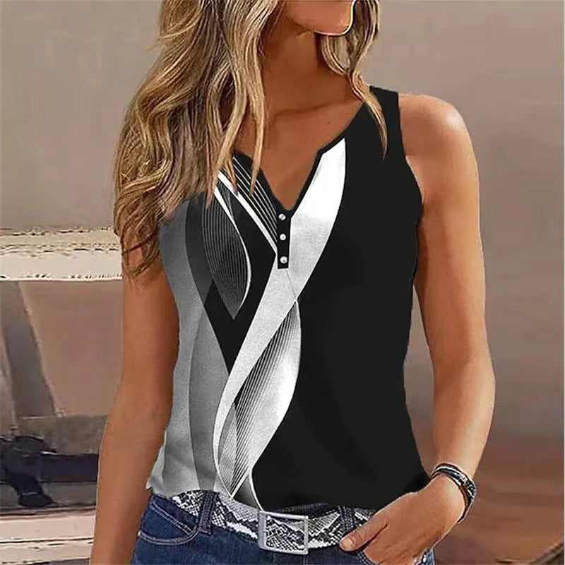 Women's Sleeveless Top – V-Neck – Relaxed Fit – Button Details – Soft and Breathable