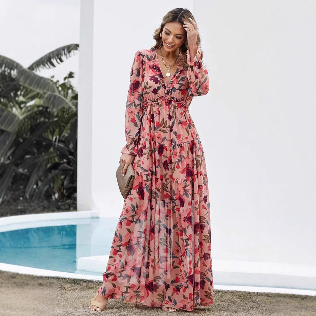 Dame Maxikjole – Chiffon – Boheme Pasform – V-udskæring – Lange Ærmer – Blomsterprint